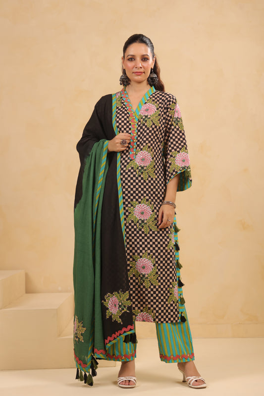 Black Gomertical cotton premium suit with beautiful detailing & kota doria dupatta