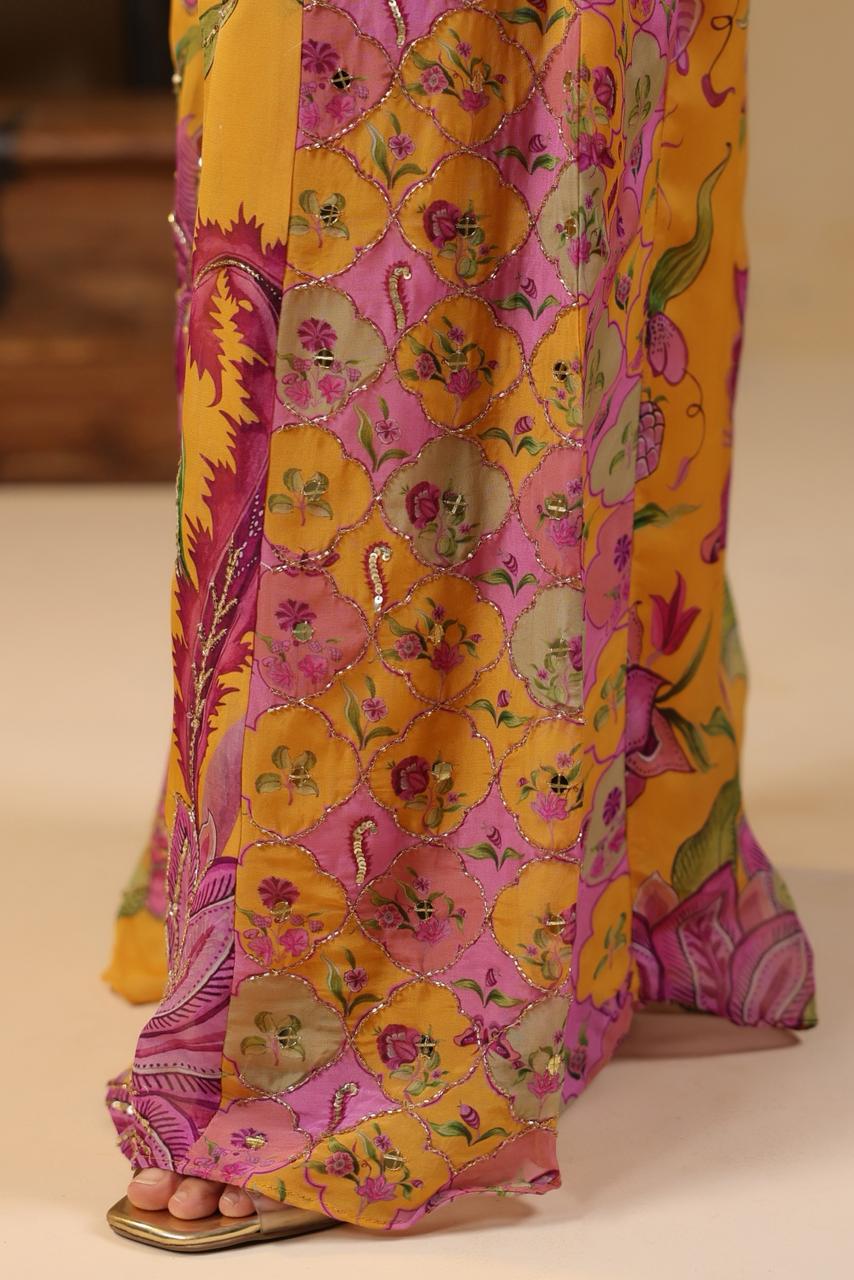 Mustard Georgette Floral Printed Mirror Embellished Suit Set