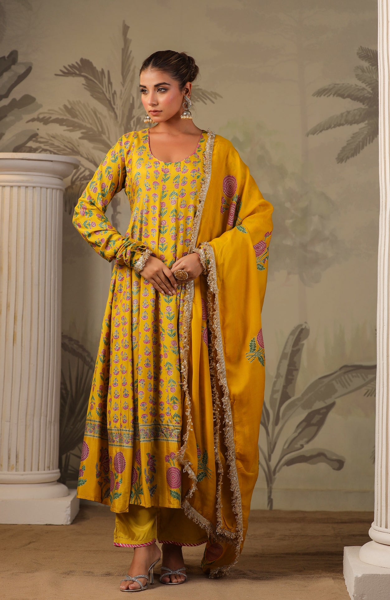Yellow Block Print Mughal Print  Anarkali Suit