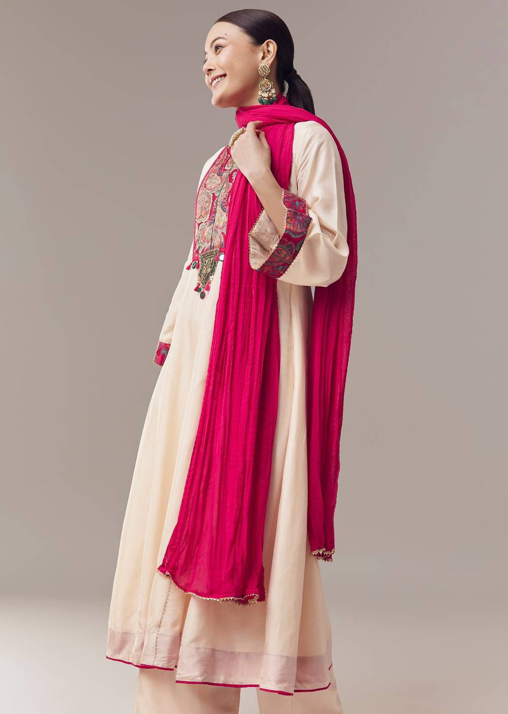 Ivory Anarkali Suit With Gotta Lace Work And Dupatta
