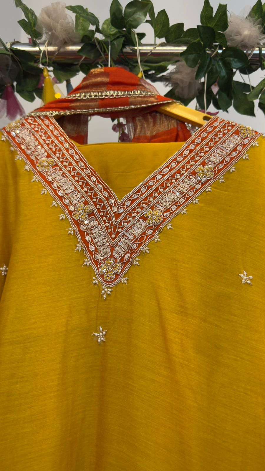 V hand work mul chandari suit
