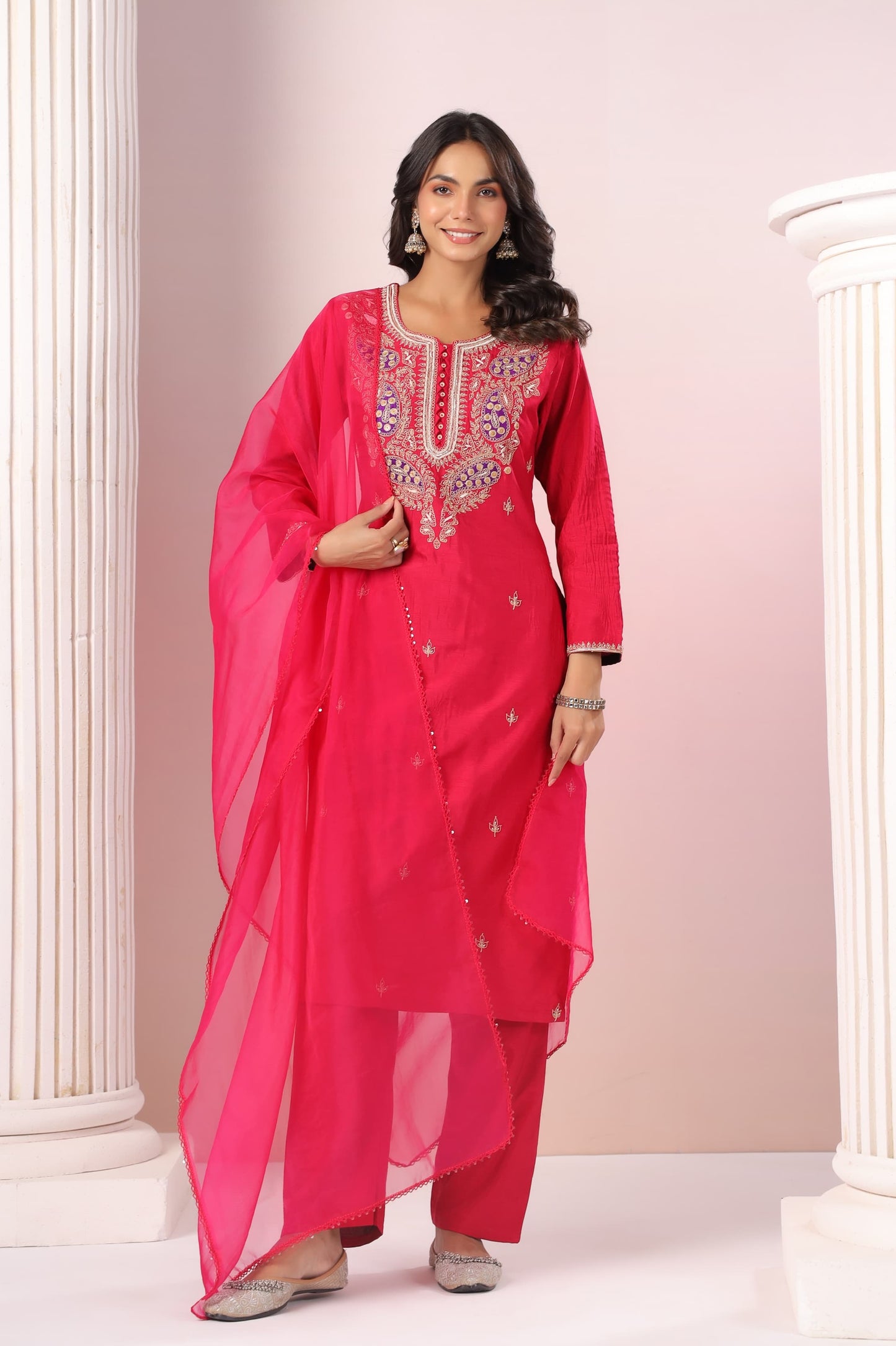 Reddish pink silk suit