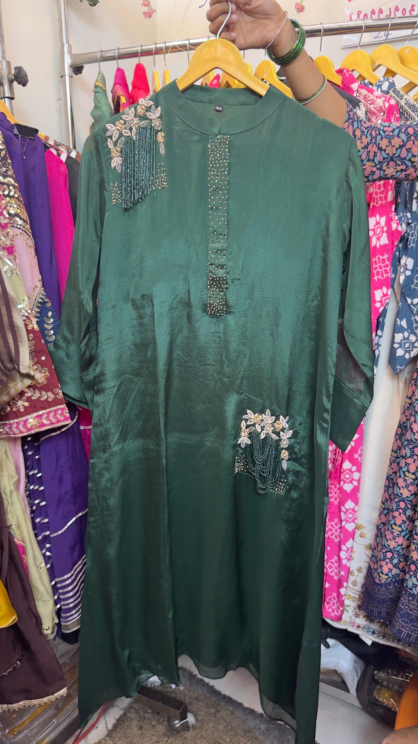 Pure chinon kurta pant set with beautiful work on shoulder & pocket