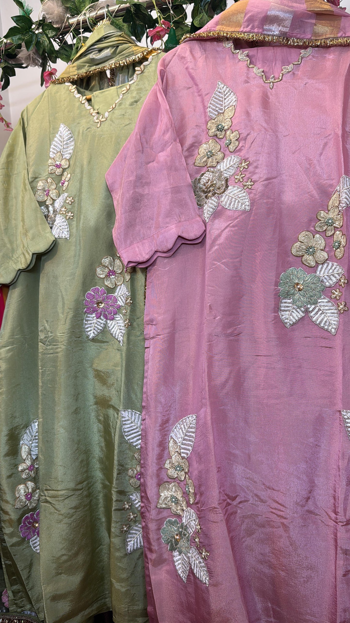 Pastel pinky & greeny Reshma embroidery straight tissue suit