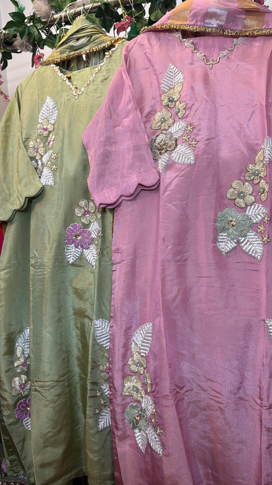 Pastel pinky & greeny Reshma embroidery straight tissue suit
