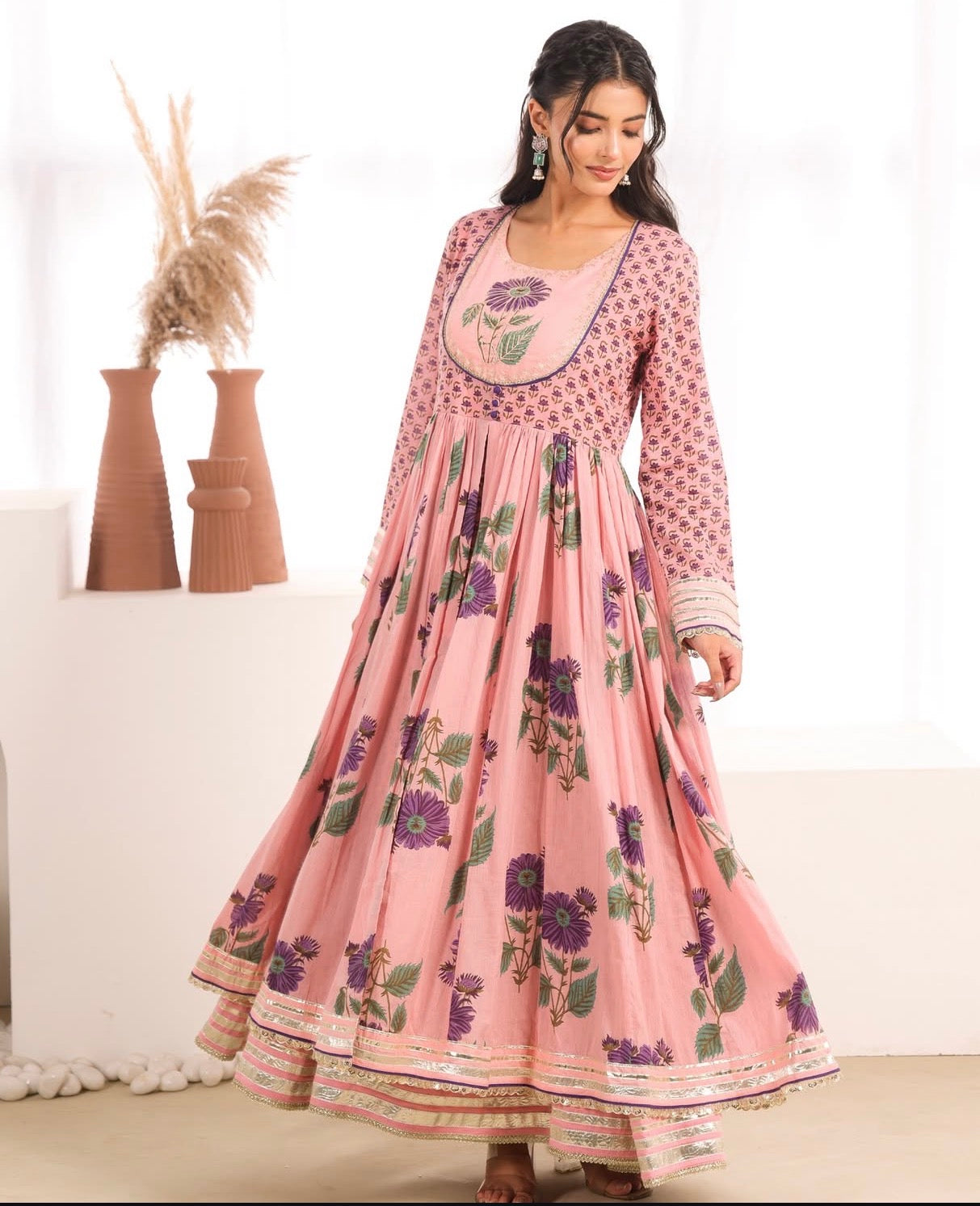Double layer cotton gown with gota detailing ( length 53)