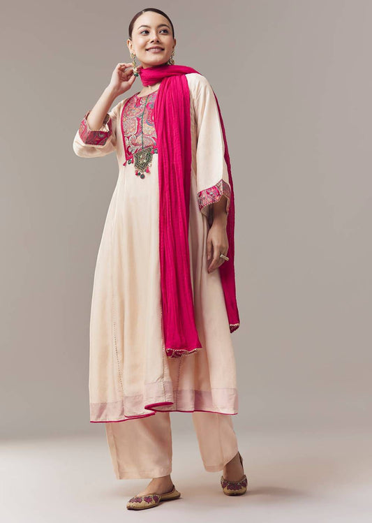 Ivory Anarkali Suit With Gotta Lace Work And Dupatta