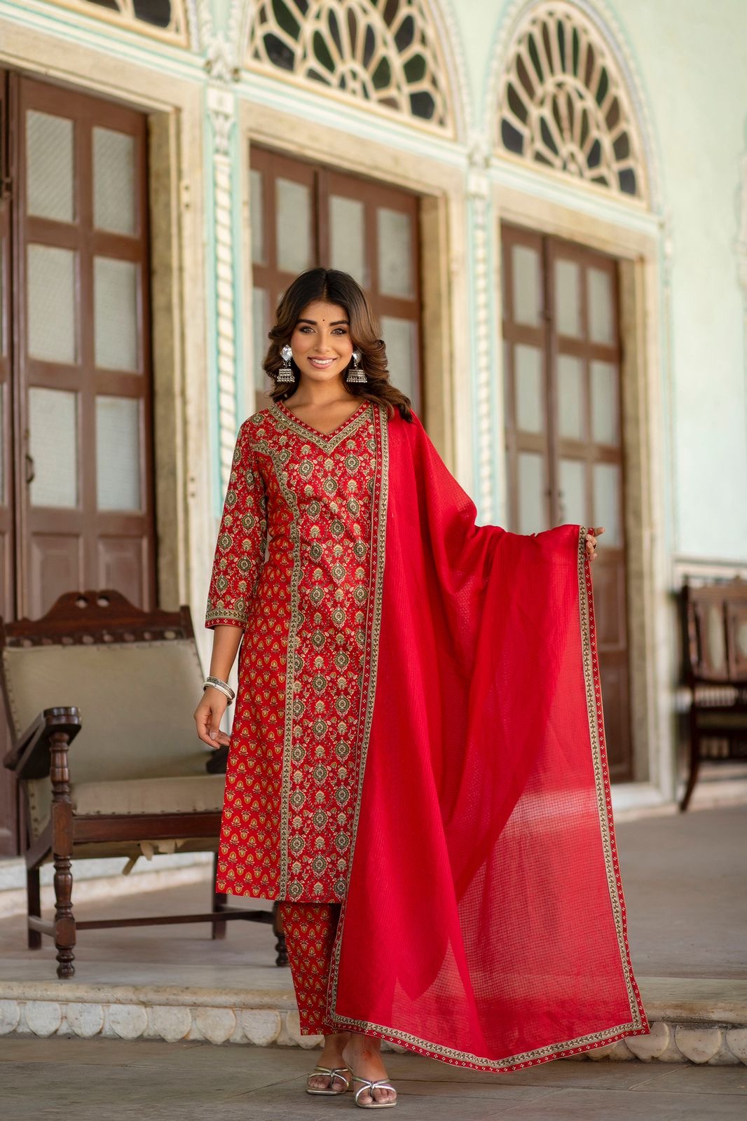 Red cotton kota doria suit