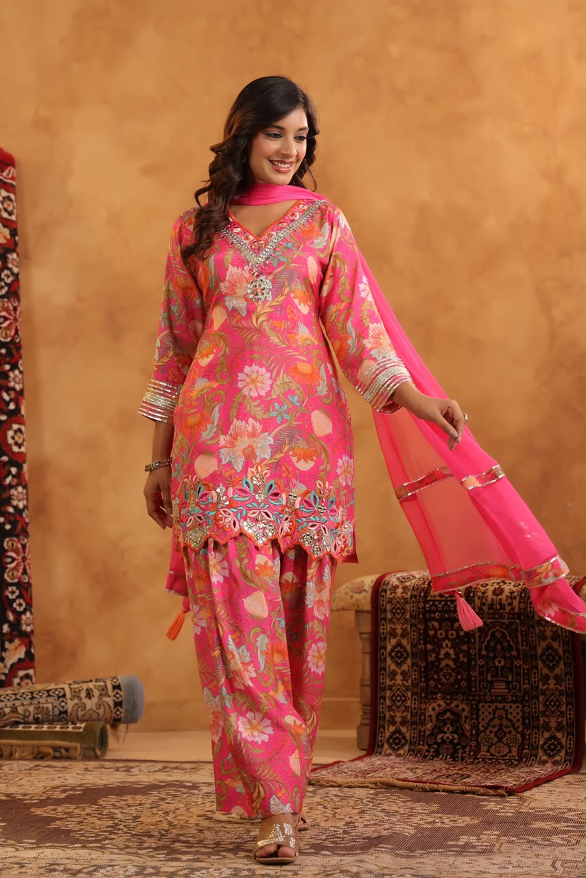 Muslin silk Farshi salwar suit with pure chiffon Dupatta