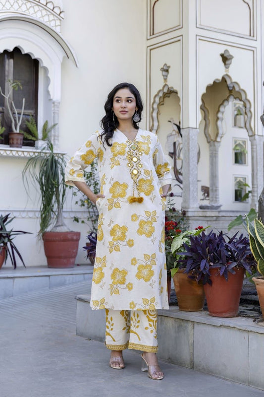 Yellow Cotton mirror neck kurta pant
