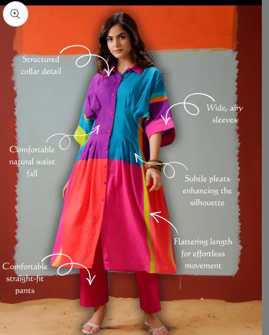 Dress up as kurta pant or a one piece dress in our soft Mul Mul multi colour outfi
