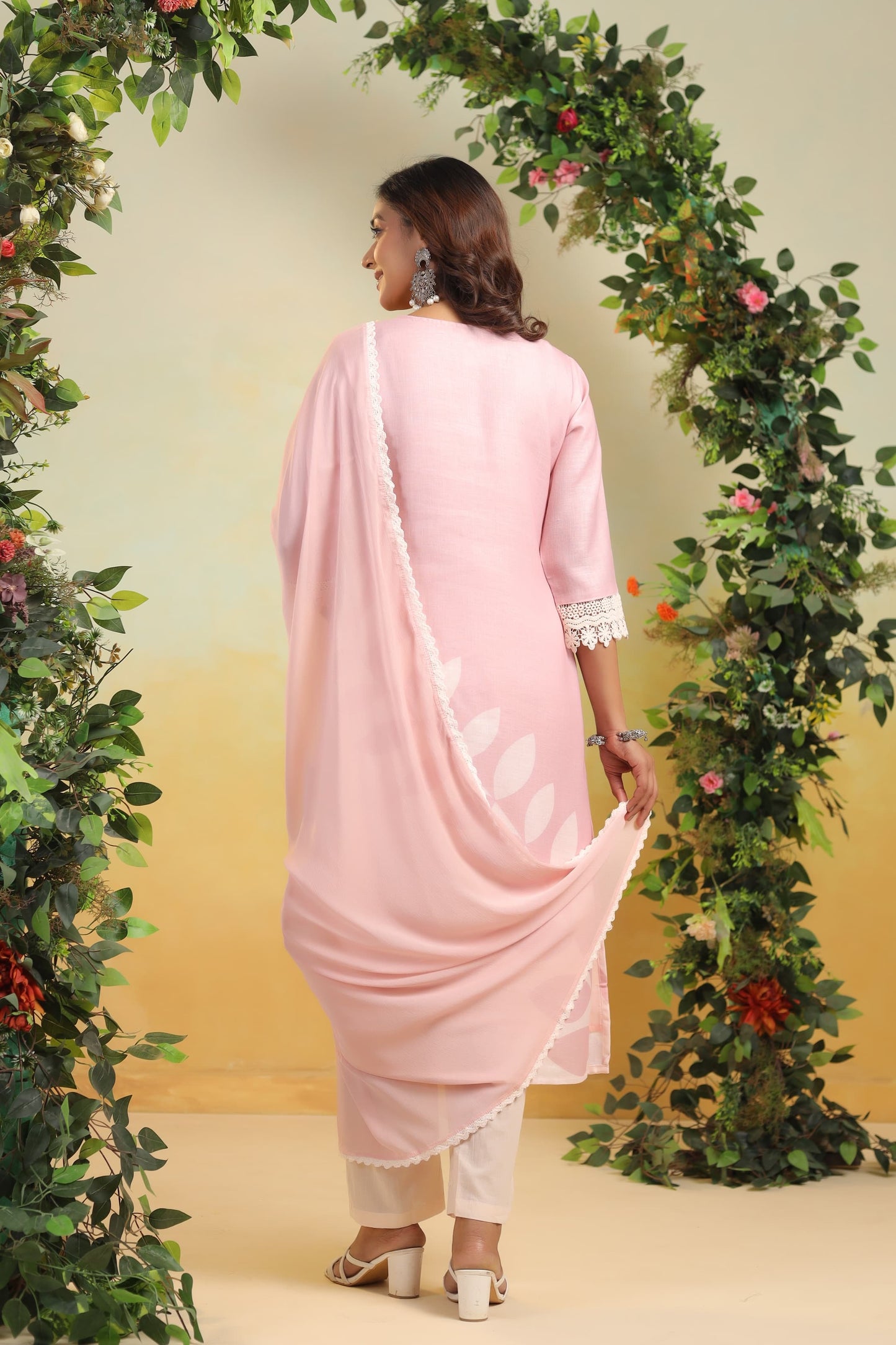Peach pink leaf linen cotton