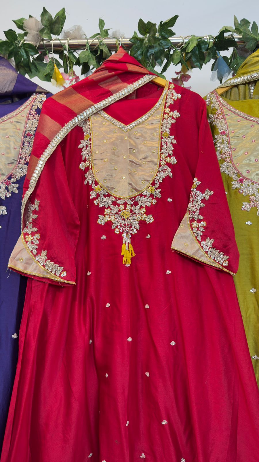 Tissue yoke with handwork pure chandari silk Anarkali suit
