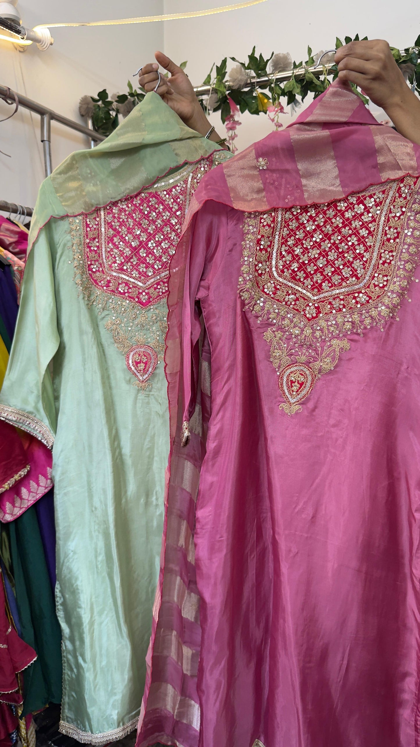 Ethnic style in pure crepe suit with tissue dup & silk pants
