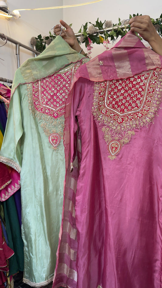 Ethnic style in pure crepe suit with tissue dup & silk pants