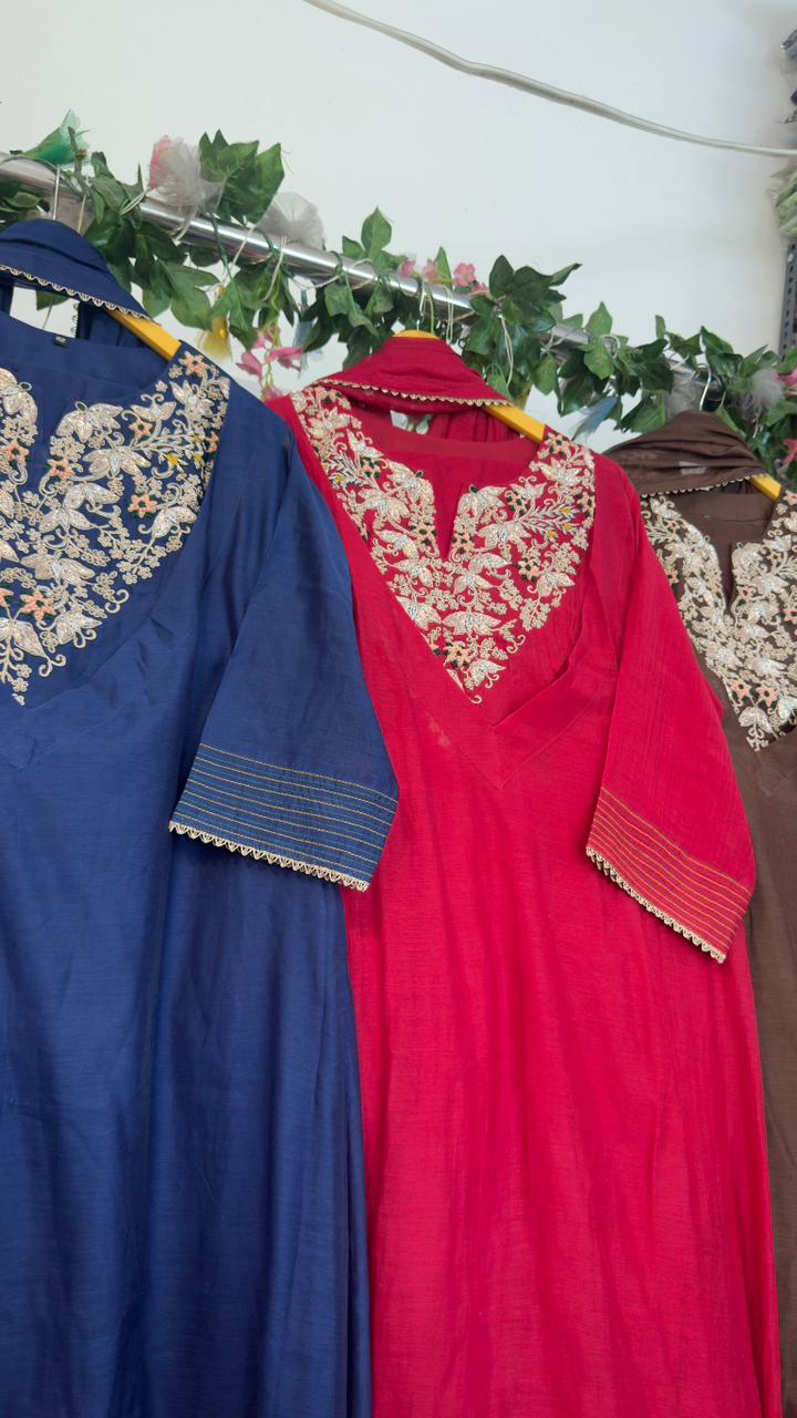 Double layer neck with heavy handwork on yoke in mul chandari Aline suit