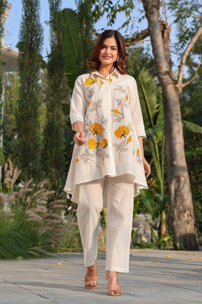 Yellow parse embroidery hakoba cotton fabric co ord set