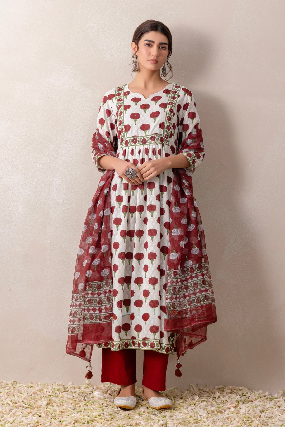 Marron marigold handblock cotton suit with pure kota doria dupatta