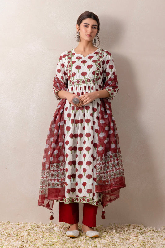 Marron marigold handblock cotton suit with pure kota doria dupatta