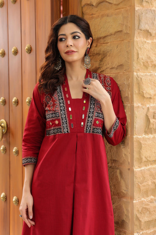 Red Kutch real mirror cotton kurta palzoo