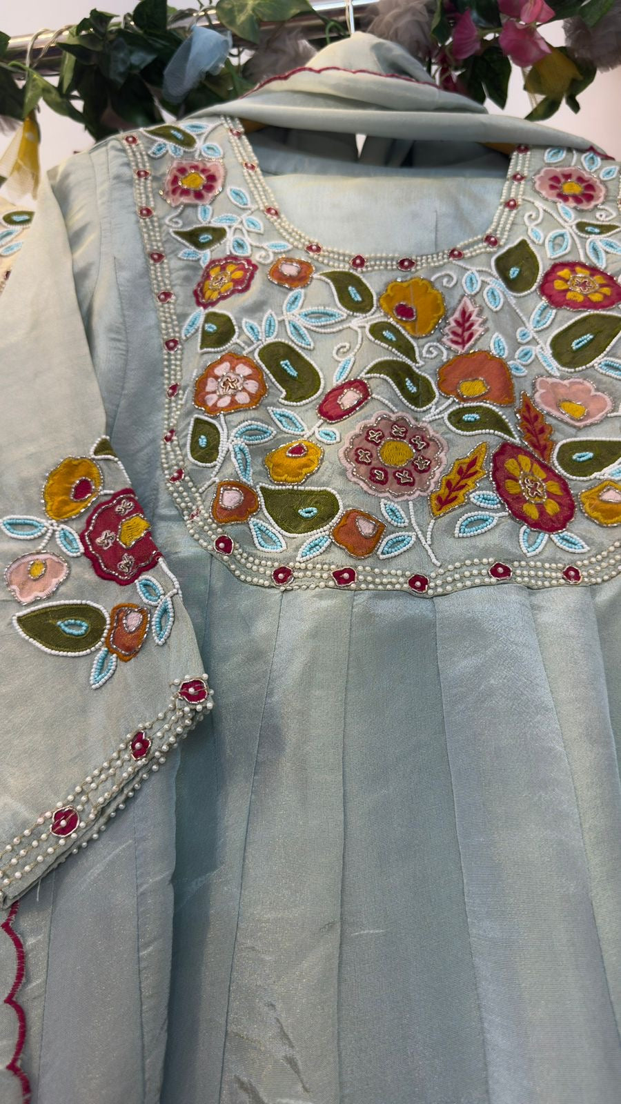 Tissue Anarkali classy pearl work and appliqué
