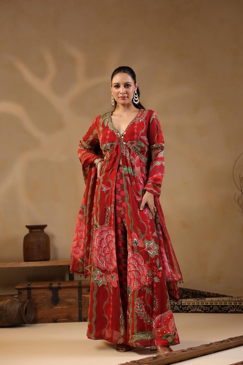 Red Georgette Cut-Dana & Beads Embroidered 3-Piece Suit Set