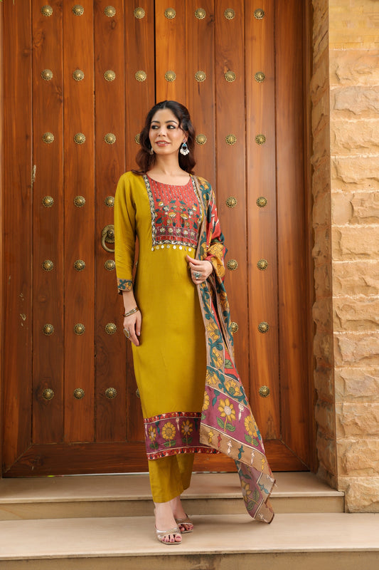 Yellow silk Kamkari suit