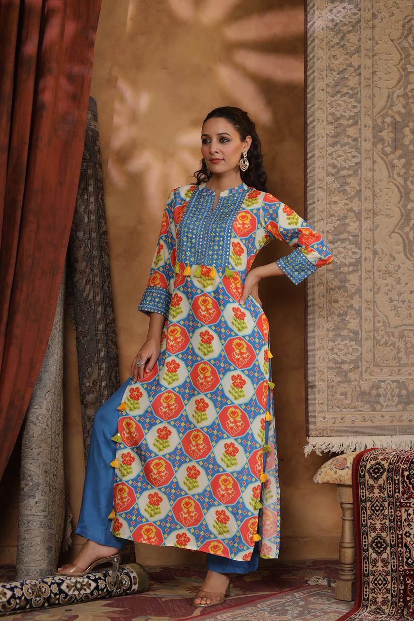 Blue Modal fusion kurta pant with real mirror work