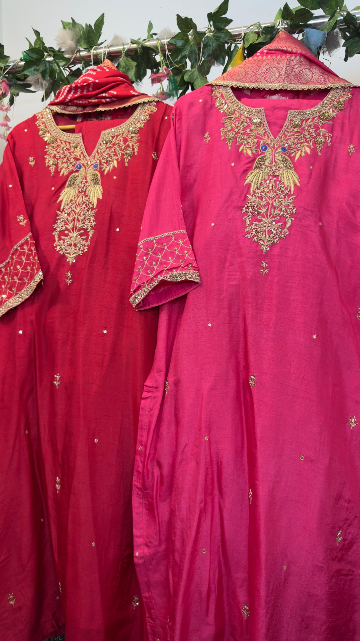 Pure silk suit with zardozi kaam with full banaras dup and silk pants