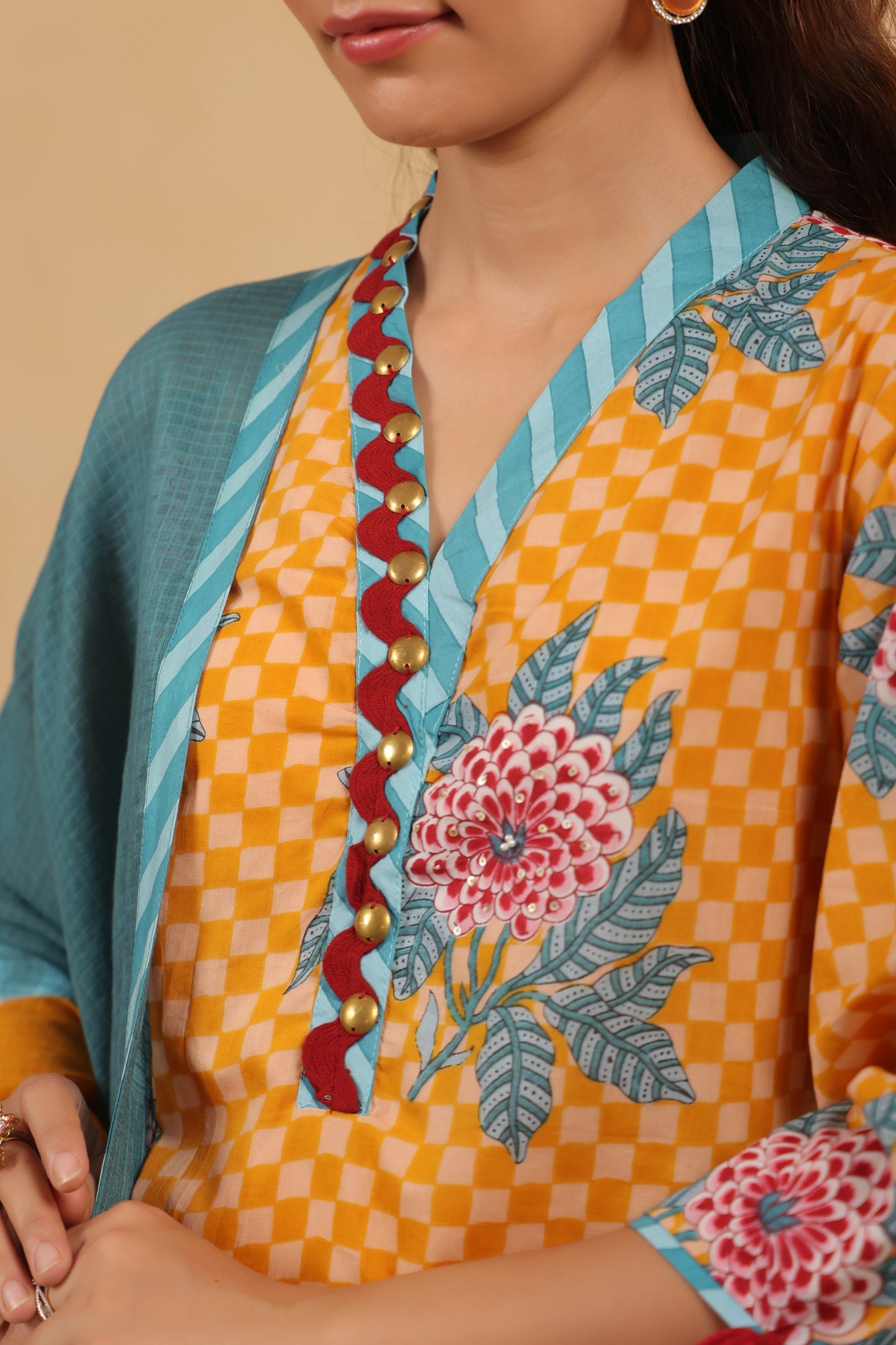 Yellow  Gomertical cotton premium suit with beautiful detailing & kota doria dupatta