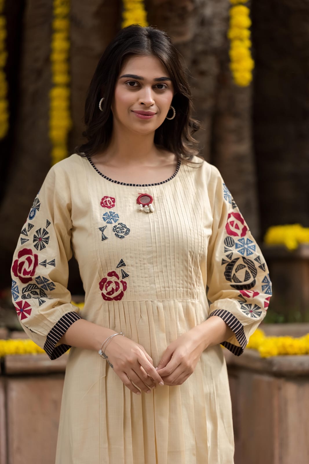 Embroidery ivory cotton kurta plazoo set