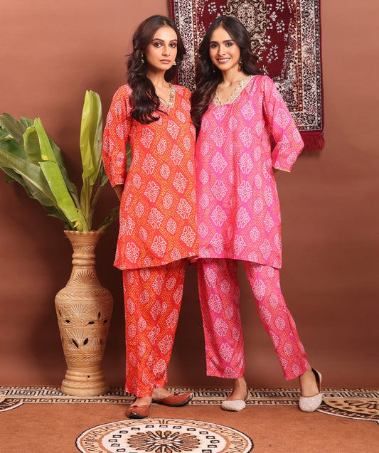 Festive red/pink bandhej co-ord set with adda work on neckline