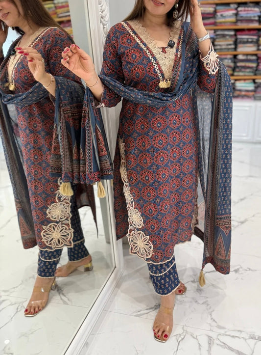 Cotton blue ajrakh cut work