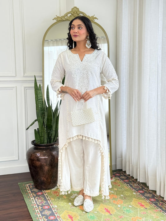 Cotton fed high low kurta pants with real mirror work