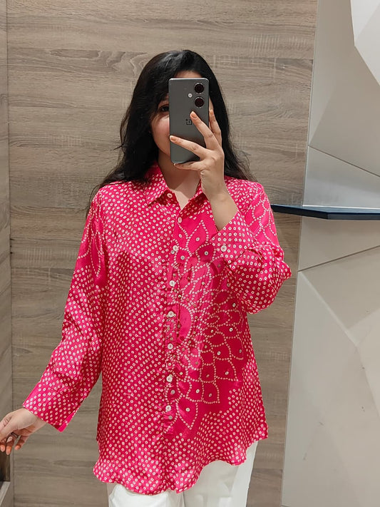 Kareen Bandhani crepe shirts ( pink/rust/yellow)
