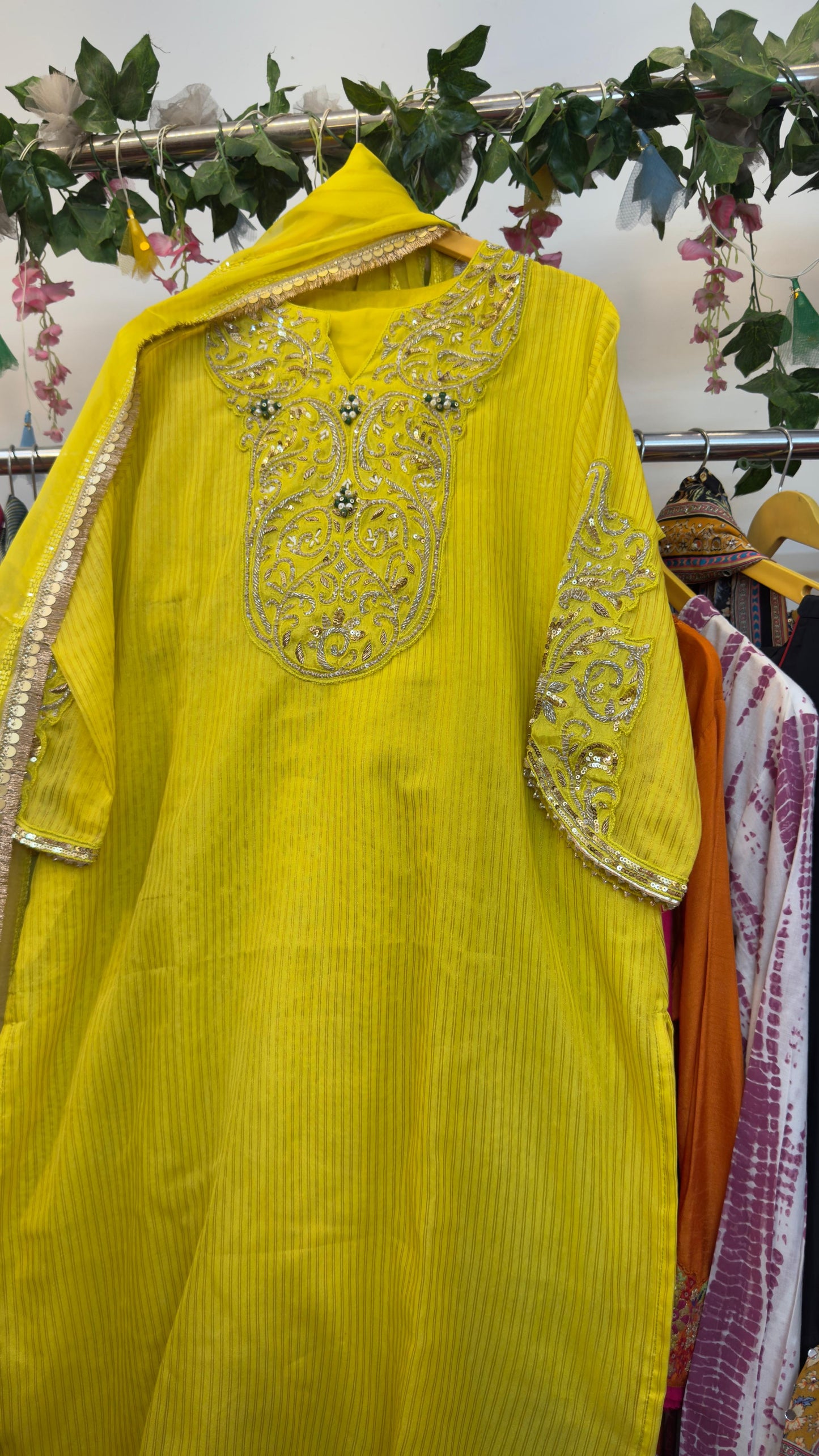 Greenish yellow apple cut sleeves with beautiful yoke and premium suit