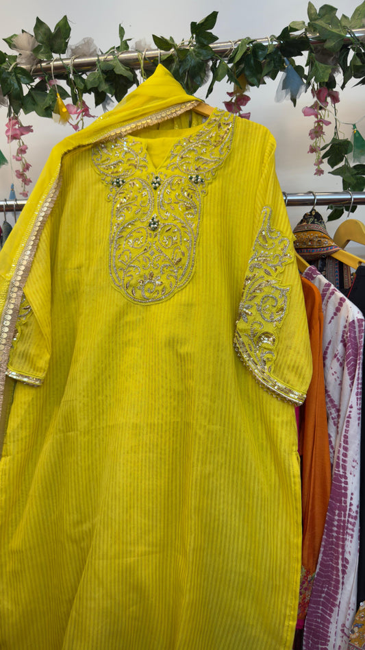Greenish yellow apple cut sleeves with beautiful yoke and premium suit