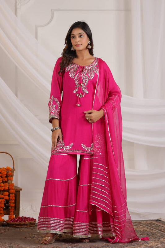Pink Chinon gota lather real mirror work Sharara set with pure chiffon dup