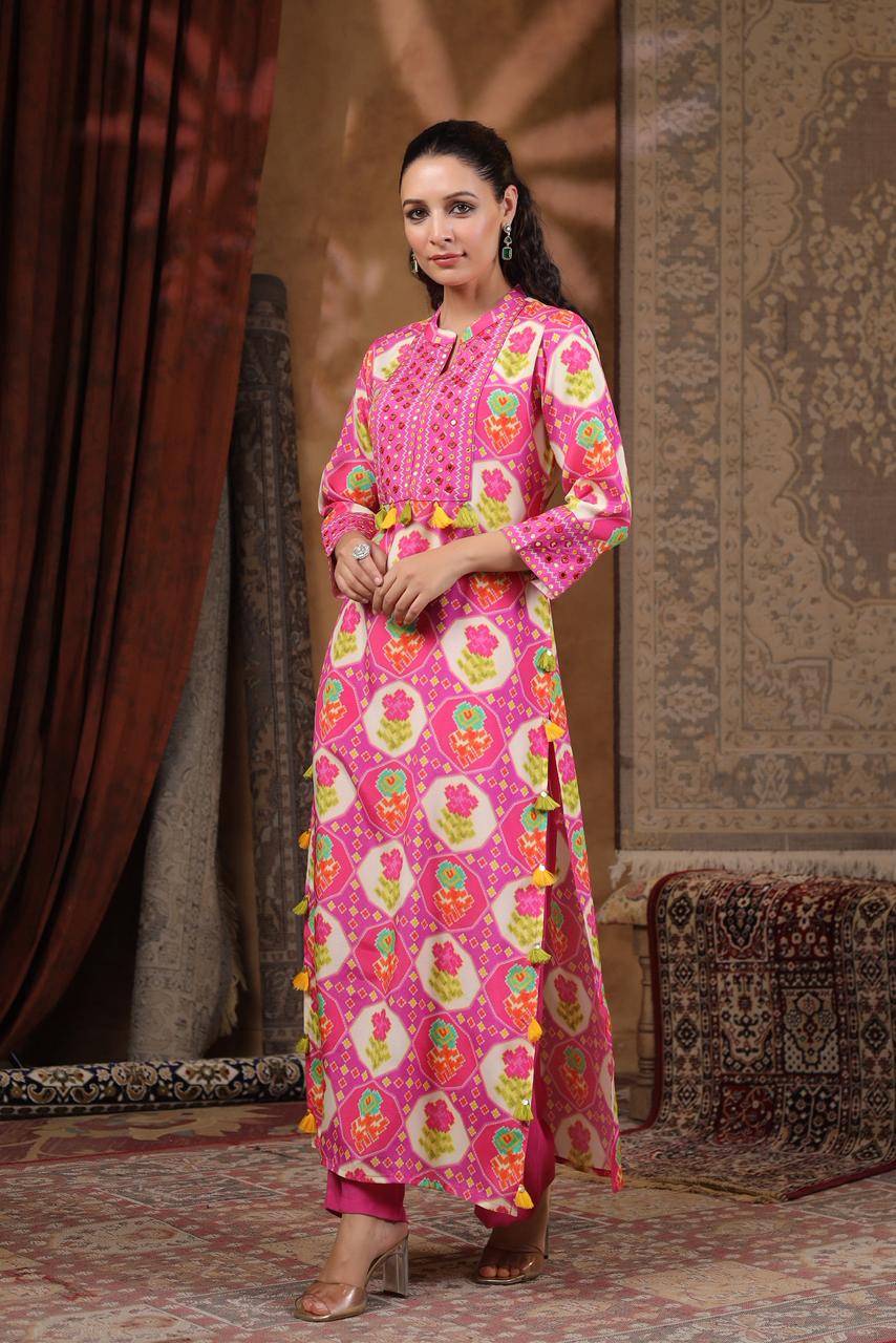 Pink Modal fusion kurta pant with real mirror work