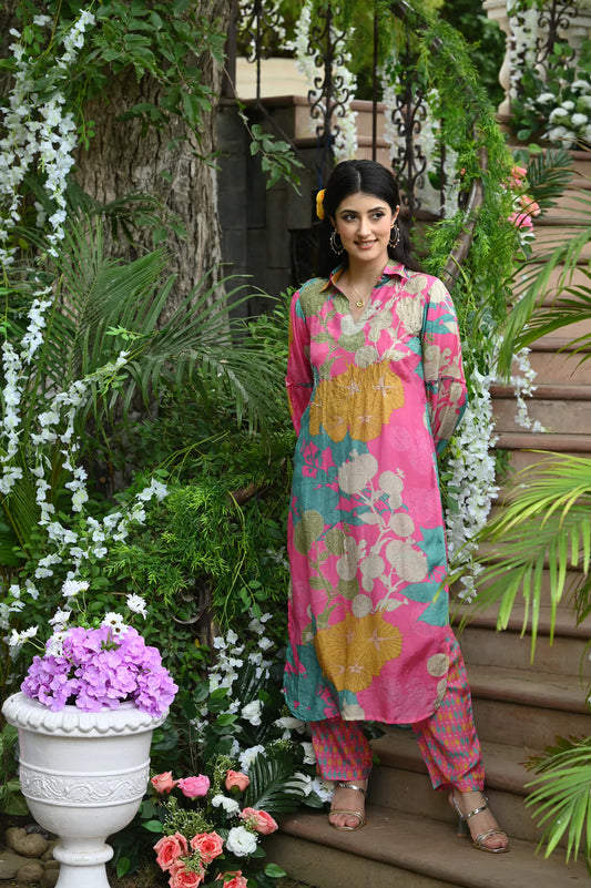 Pink Flower Muslin Kurt Set