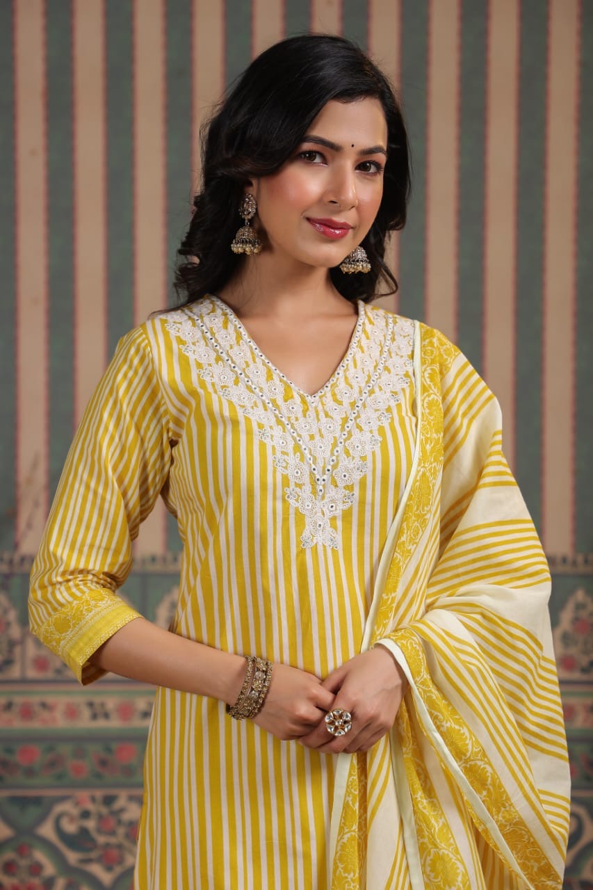 Strip cotton kurta pant duppata set