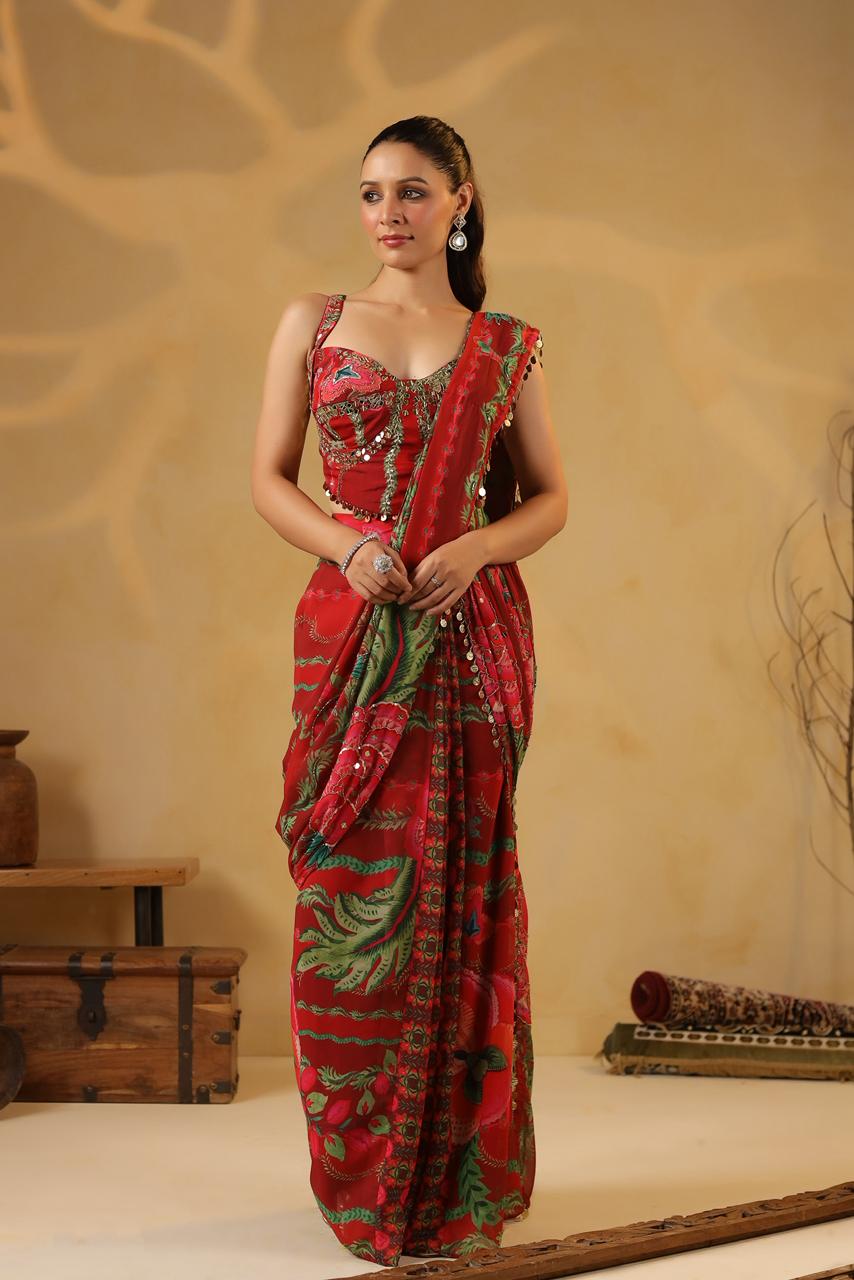 Ready-to-Wear Red Georgette Saree and Embroidered Blouse