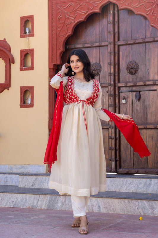 Banaras jacket tissue cream Anarkali