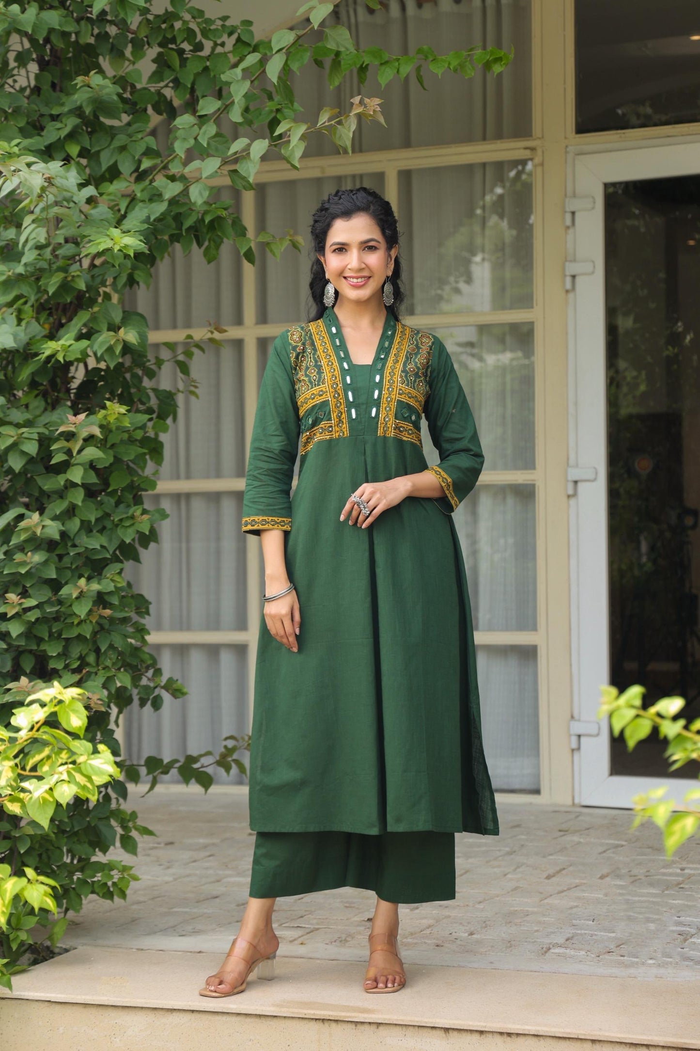 Green Kutch real mirror cotton kurta palzoo