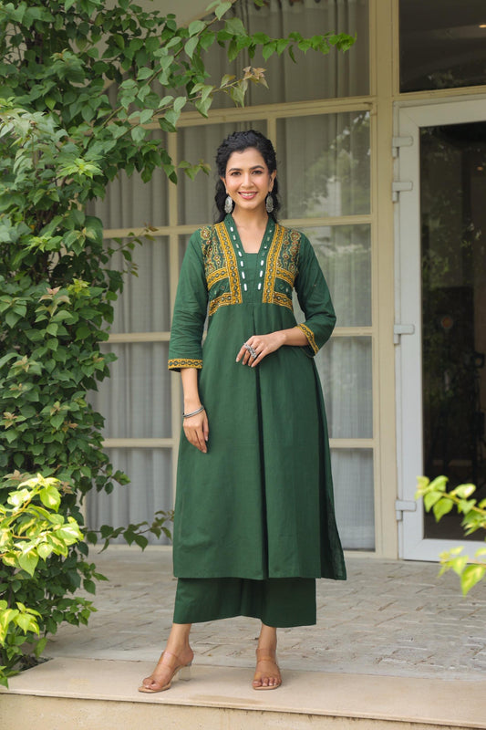 Green Kutch real mirror cotton kurta palzoo