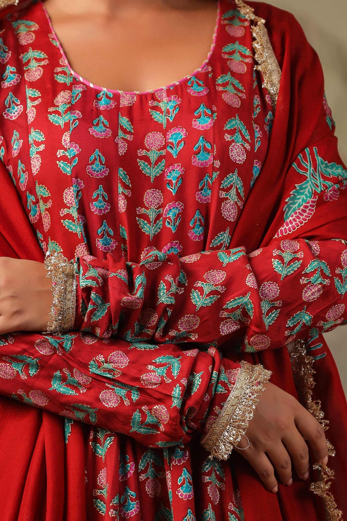 Red Block Print Mughal Print  Anarkali