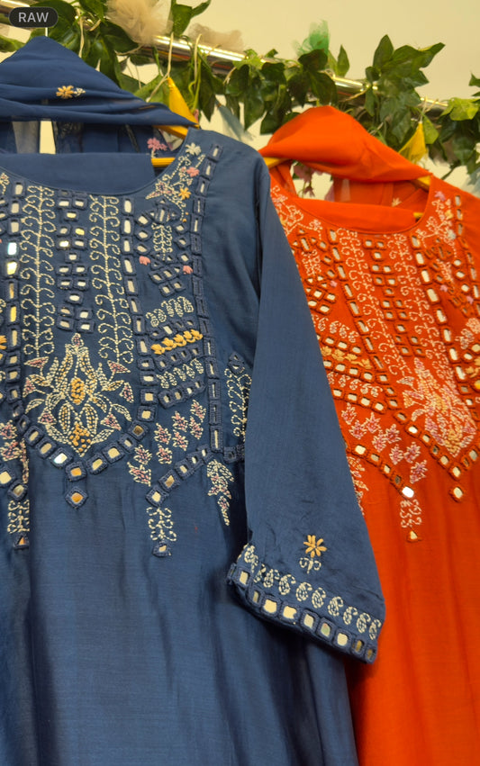 Mirror & Katha work premium chandari silk