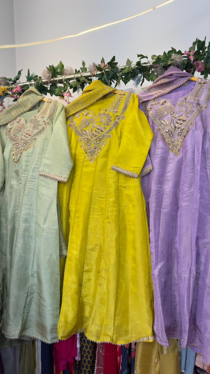 Luxe look tissue Anarkali with zari hand work
