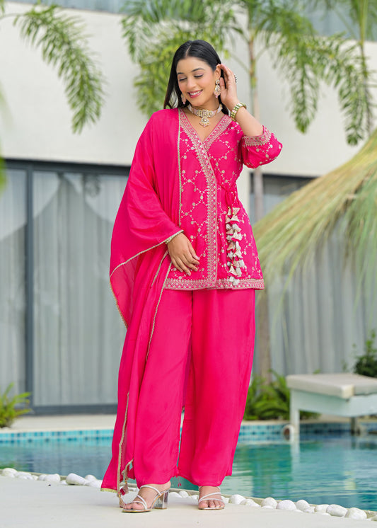 Pink chinon Short top with divider & duppata