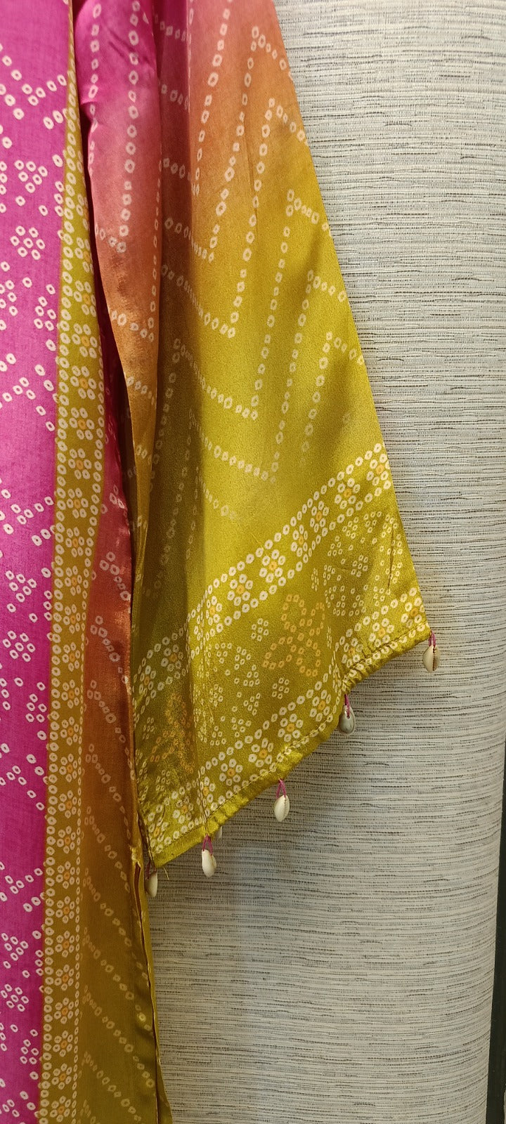 Green pink Bandhani crepe set